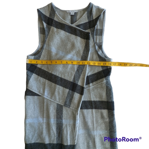 Favlux Long Plaid Vest Women's Size S Gray Blue Black Open Front With Pockets - Picture 9 of 11